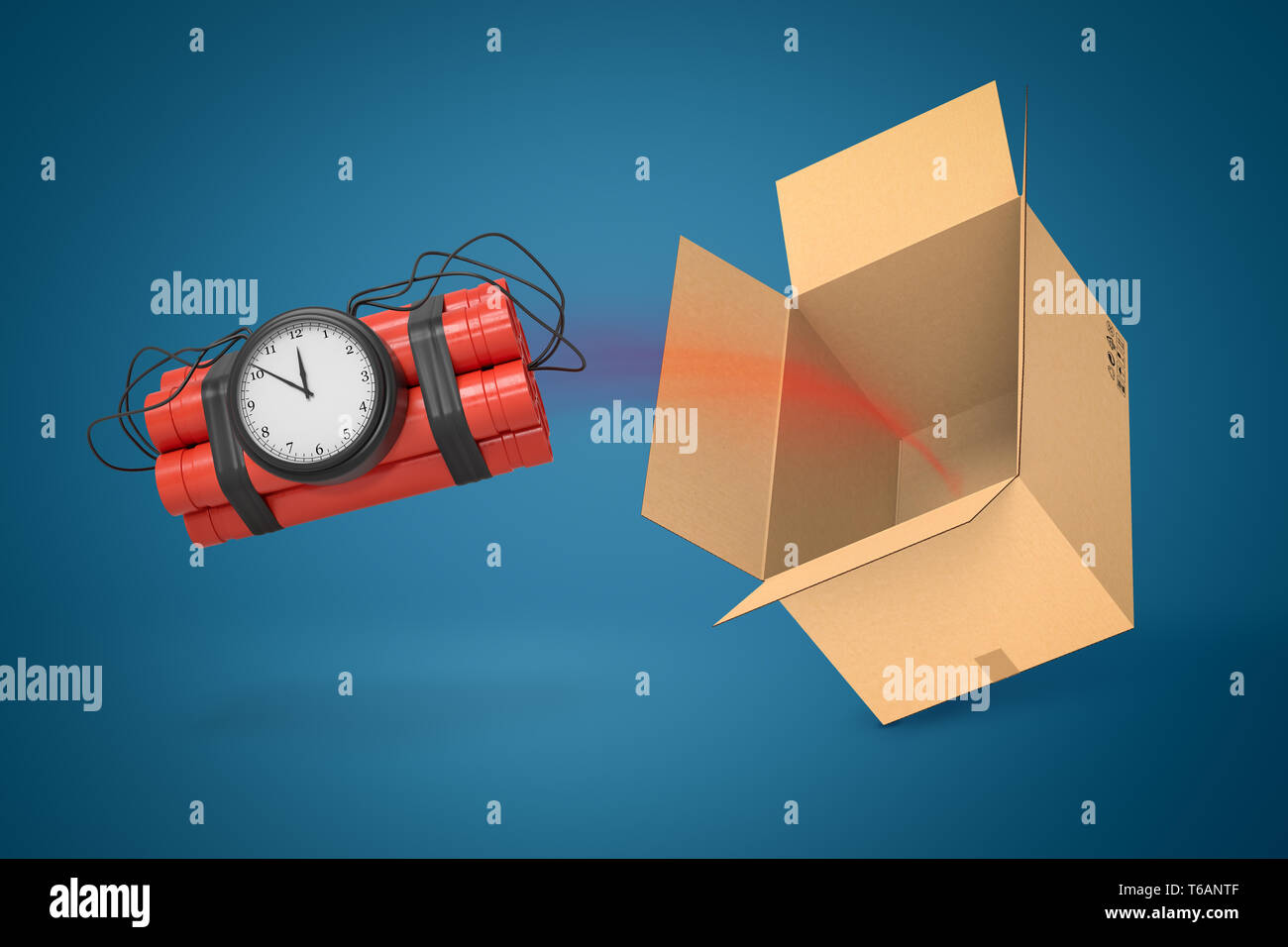 3d rendering dynamite bundle with timer bomb flying out of cardboard box, suspended in air on blue background. Stock Photo