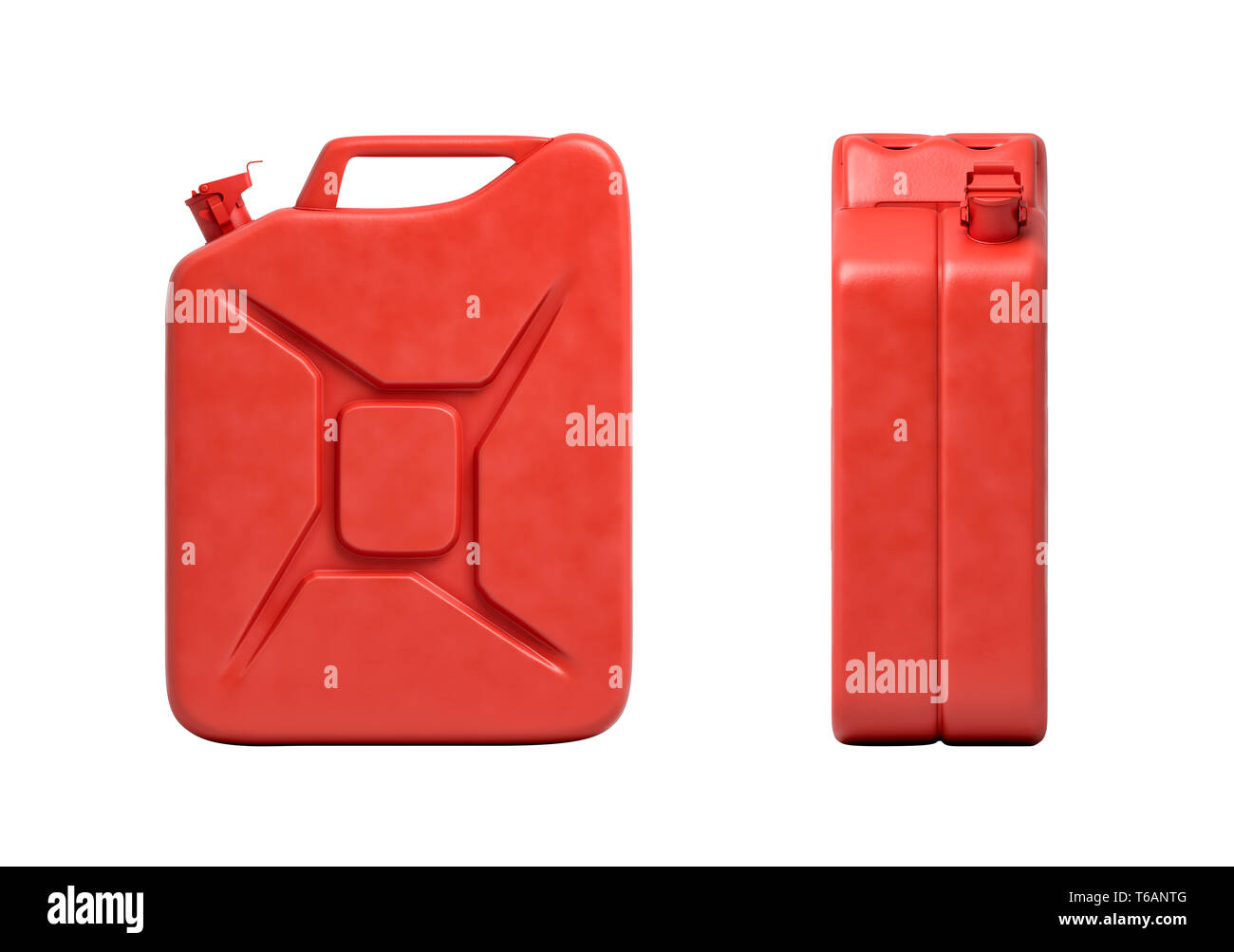 3d rendering of two red gas cans, front view and side view, isolated on white background. Stock Photo
