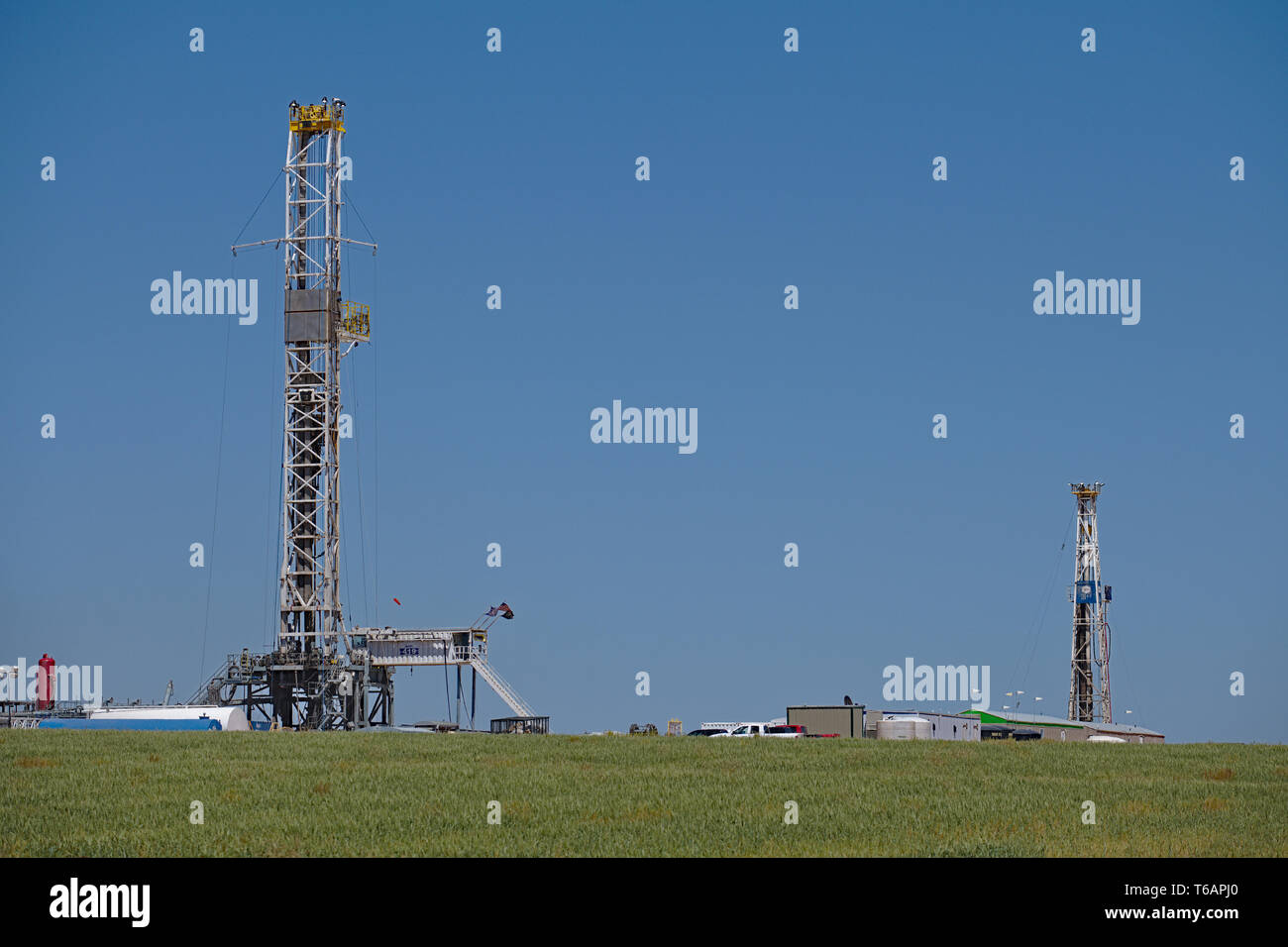 Midland County, Texas USA 21 April 2019 Drilling rigs in the Permian Basin oilfield Stock
