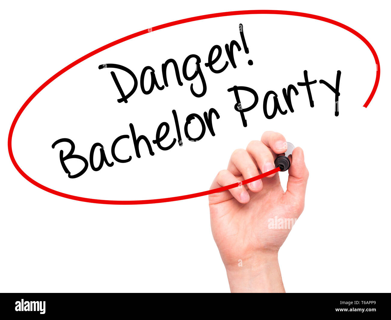 Man Hand writing Danger! Bachelor Party with black marker on visual screen Stock Photo