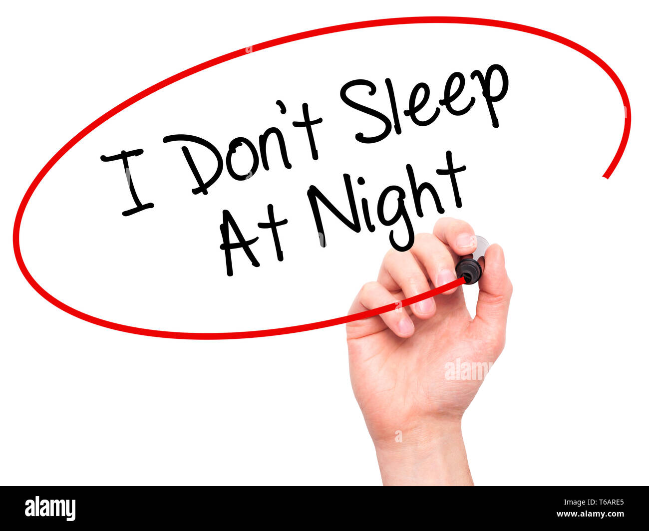 Man Hand writing I Don't Sleep At Night with black marker on visual