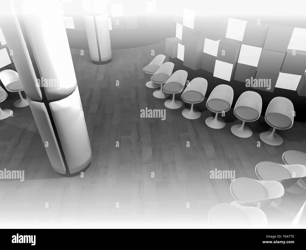 waiting room with chairs in hospital, clean room with shapes in 3d