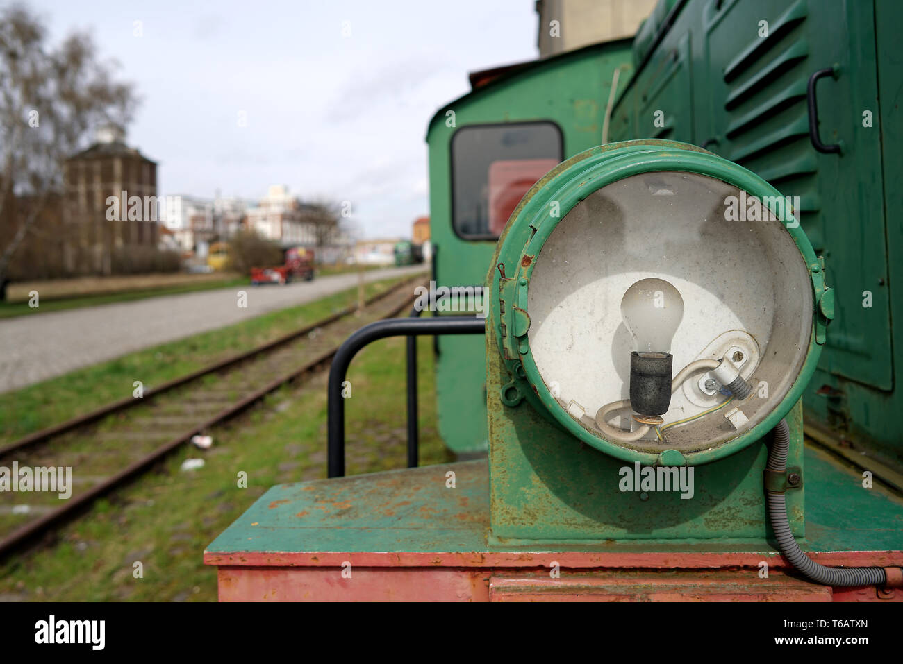 Headlight of a historic locomotive in the port of Magdeburg Stock Photo