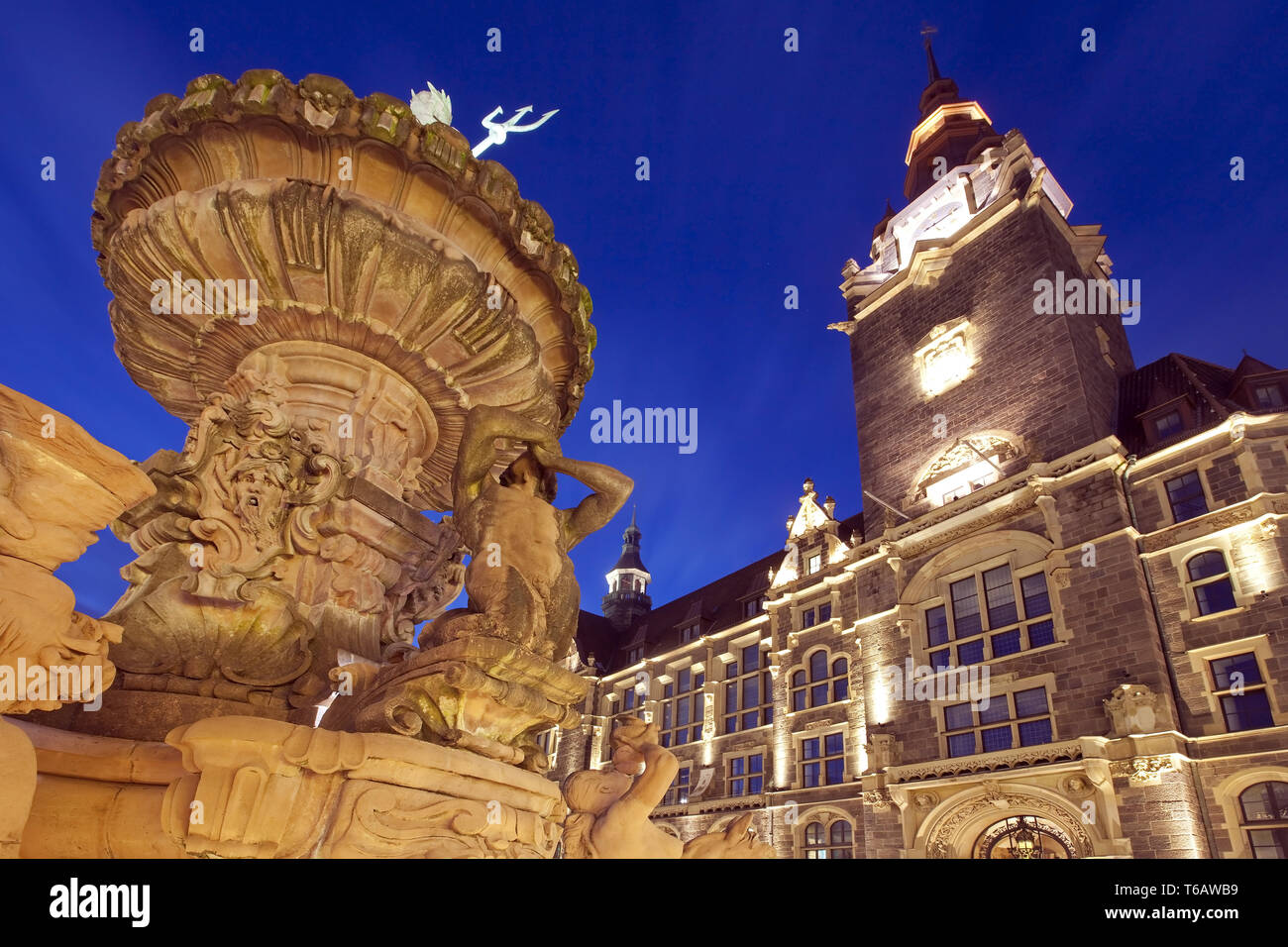 Illuminated town hall Elberfeld with Jubilee Fountain, Wuppertal, North Rhine-Westphalia, Germany Stock Photo