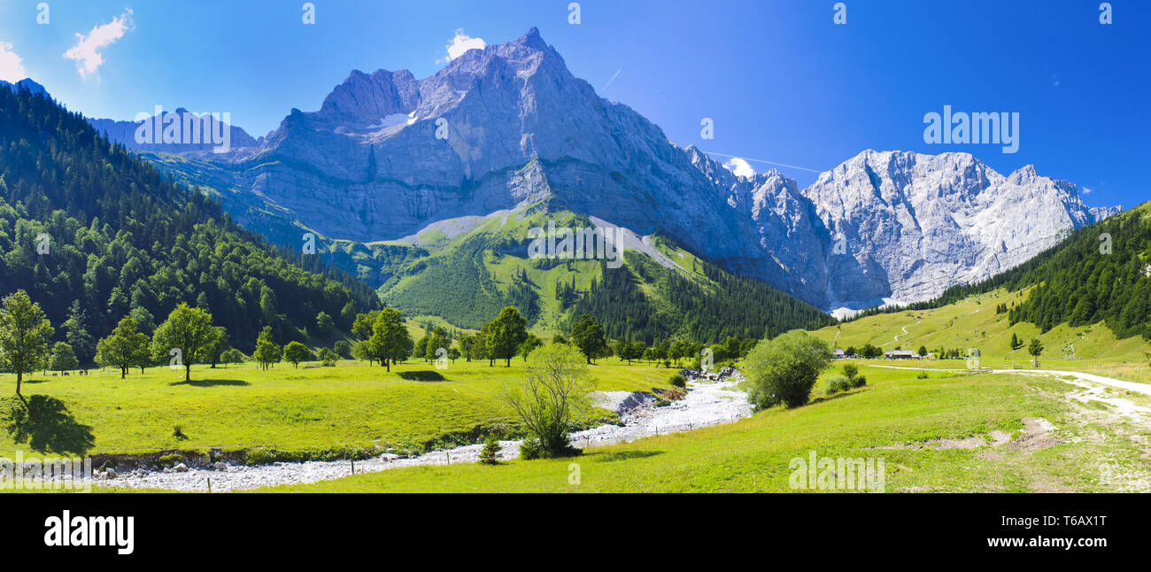 wide panorama landscapes in Bavaria with alps mountains Stock Photo