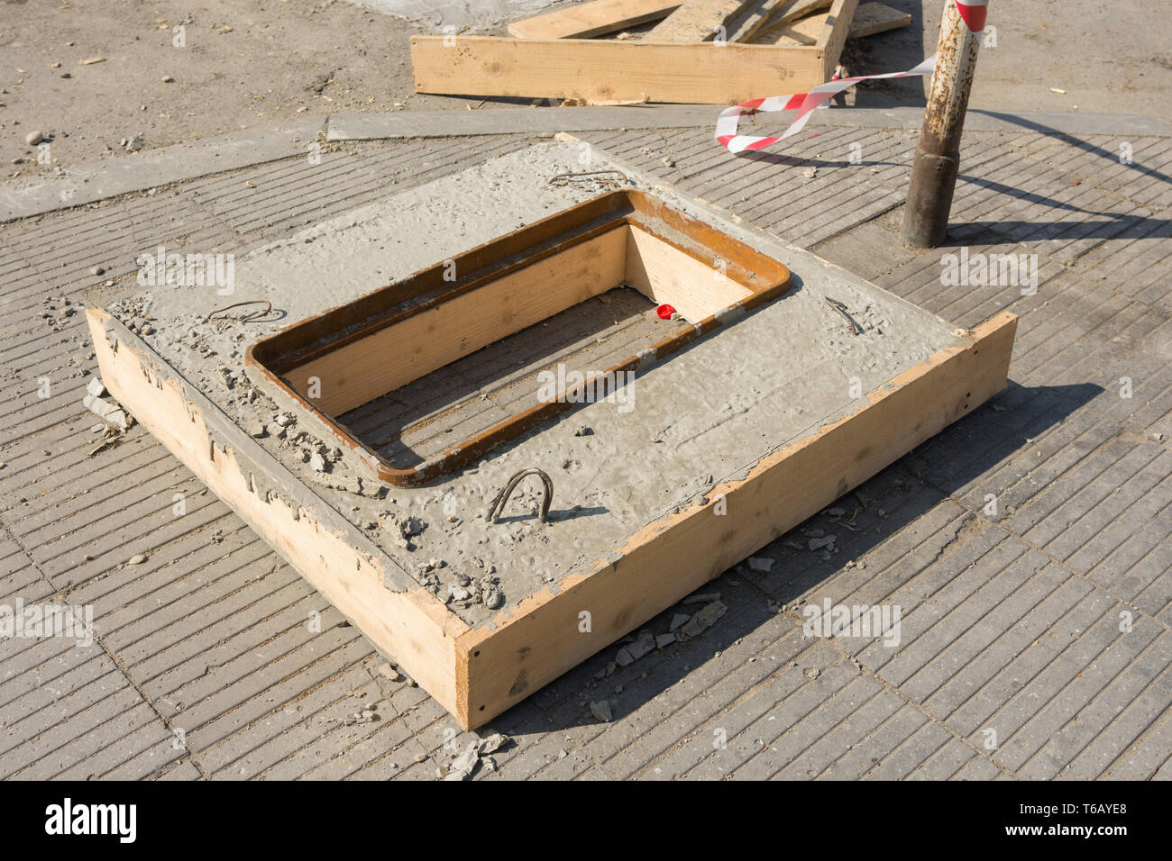 Filled with concrete cesspit prepared for installation Stock Photo