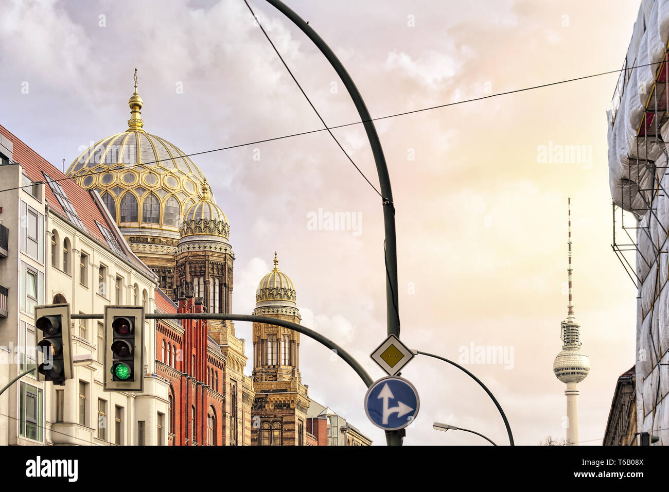synagogue Berlin and TV tower with traffic light in front Stock Photo