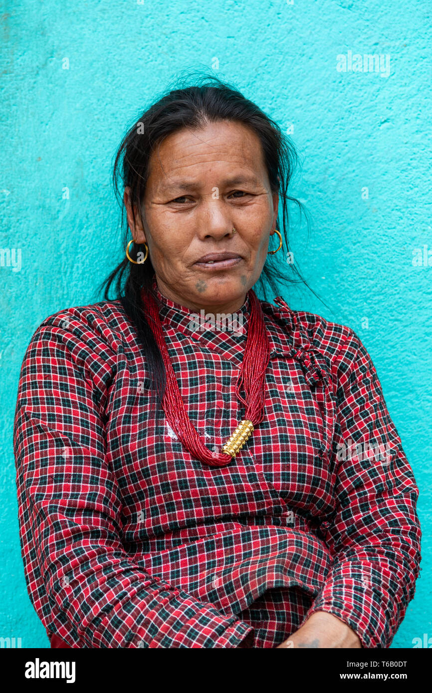Kathmandu Valley / Nepal - April 15th, 2019 - Nepali 60 to 70 year old woman in a village in the valley. Stock Photo
