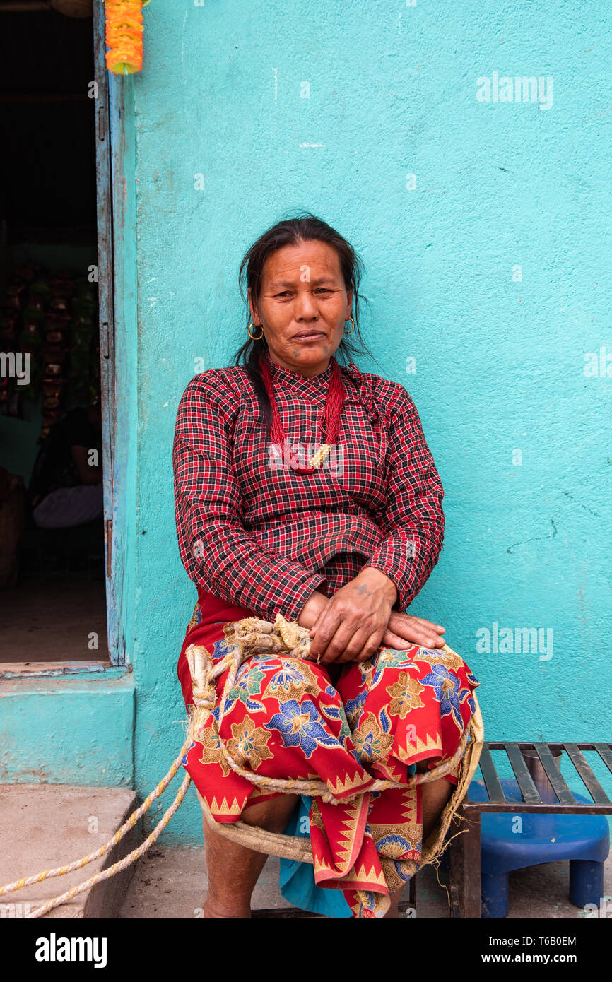 Kathmandu Valley / Nepal - April 15th, 2019 - Nepali 60 to 70 year old woman in a village in the valley. Stock Photo