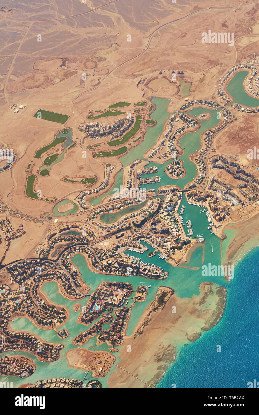 Aerial view of El Gouna a luxury Egyptian tourist resort located on the Red Sea 20 kilometres north of Hurghada. Stock Photo