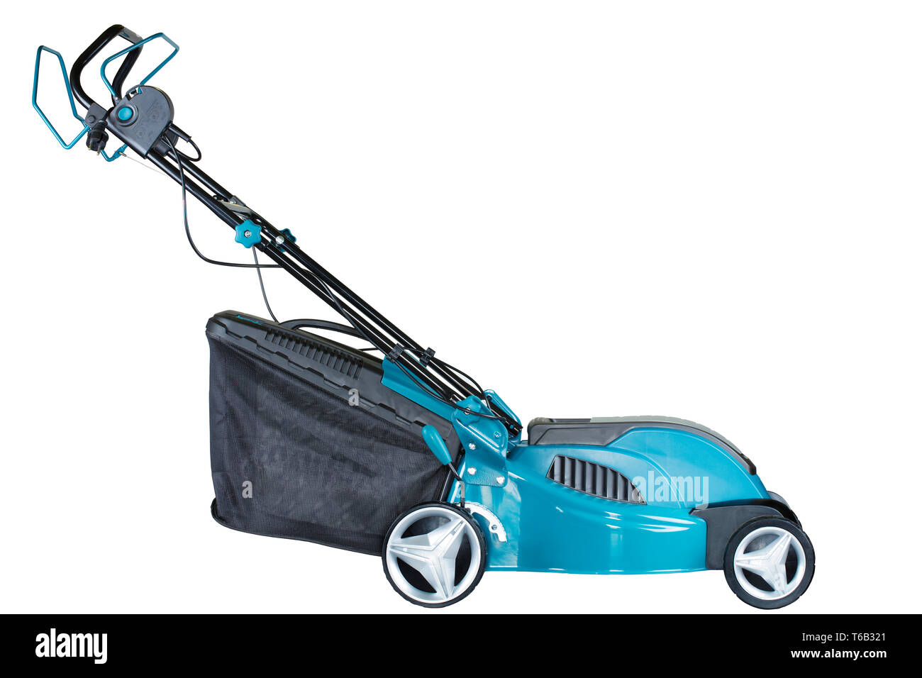 lawn mower electric on wheels turquoise colour with a bag of grass collector isolated on white background, high resolution, profile view Stock Photo