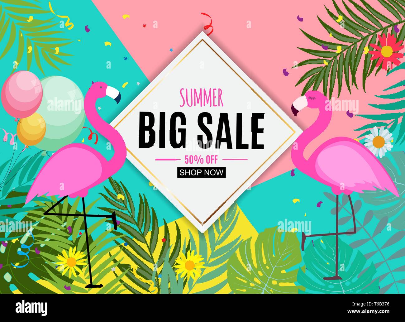 Abstract Summer Sale Background with Palm Leaves and Flamingo. Vector ...