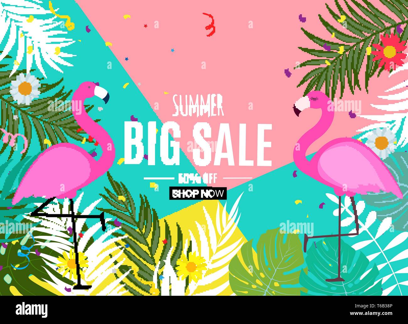 Abstract Summer Sale Background with Palm Leaves and Flamingo. Vector ...