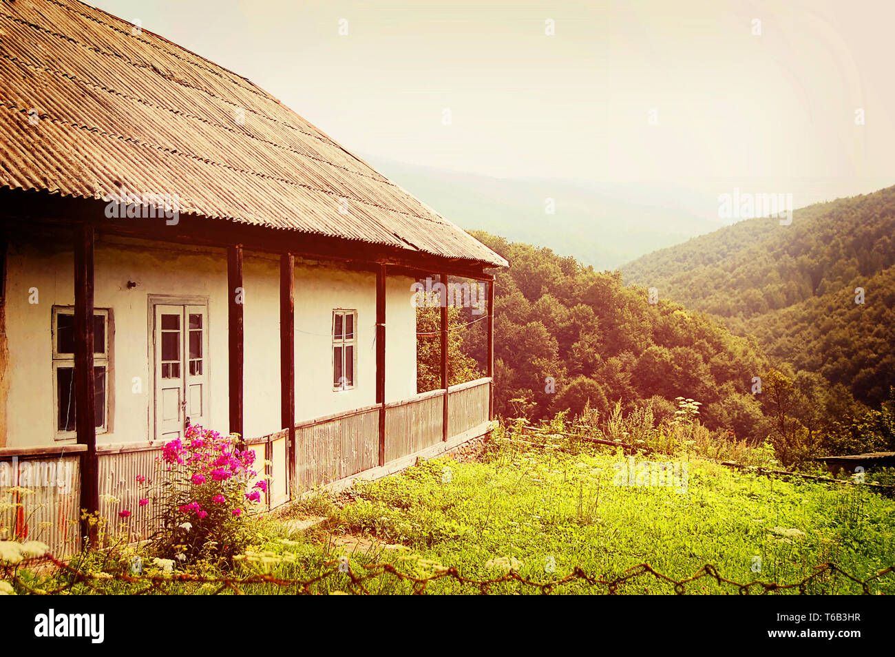 Ukrainian old house in the Carpathian mountains background with a slate