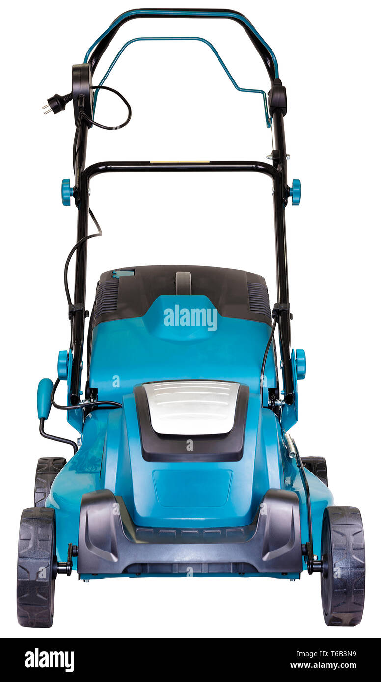 electric mower on wheels turquoise colour with a bag of grass collector isolated on white background, high resolution, facade view Stock Photo
