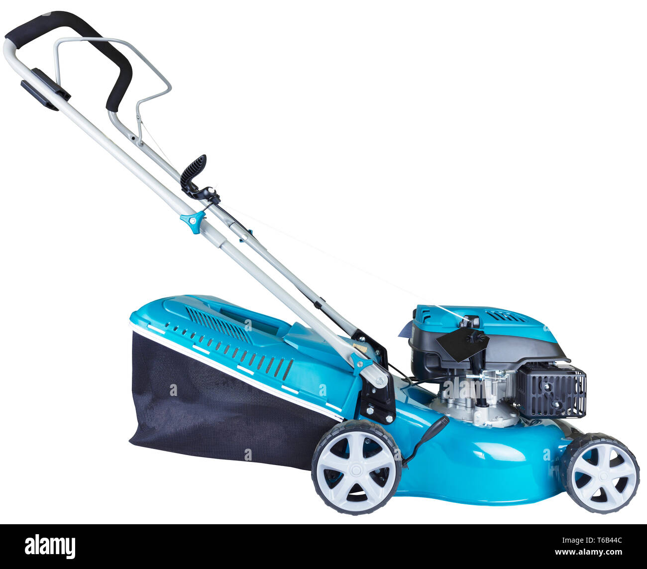 petrol mower on wheels turquoise colour with a bag of grass collector isolated on white background, high resolution, profile view Stock Photo