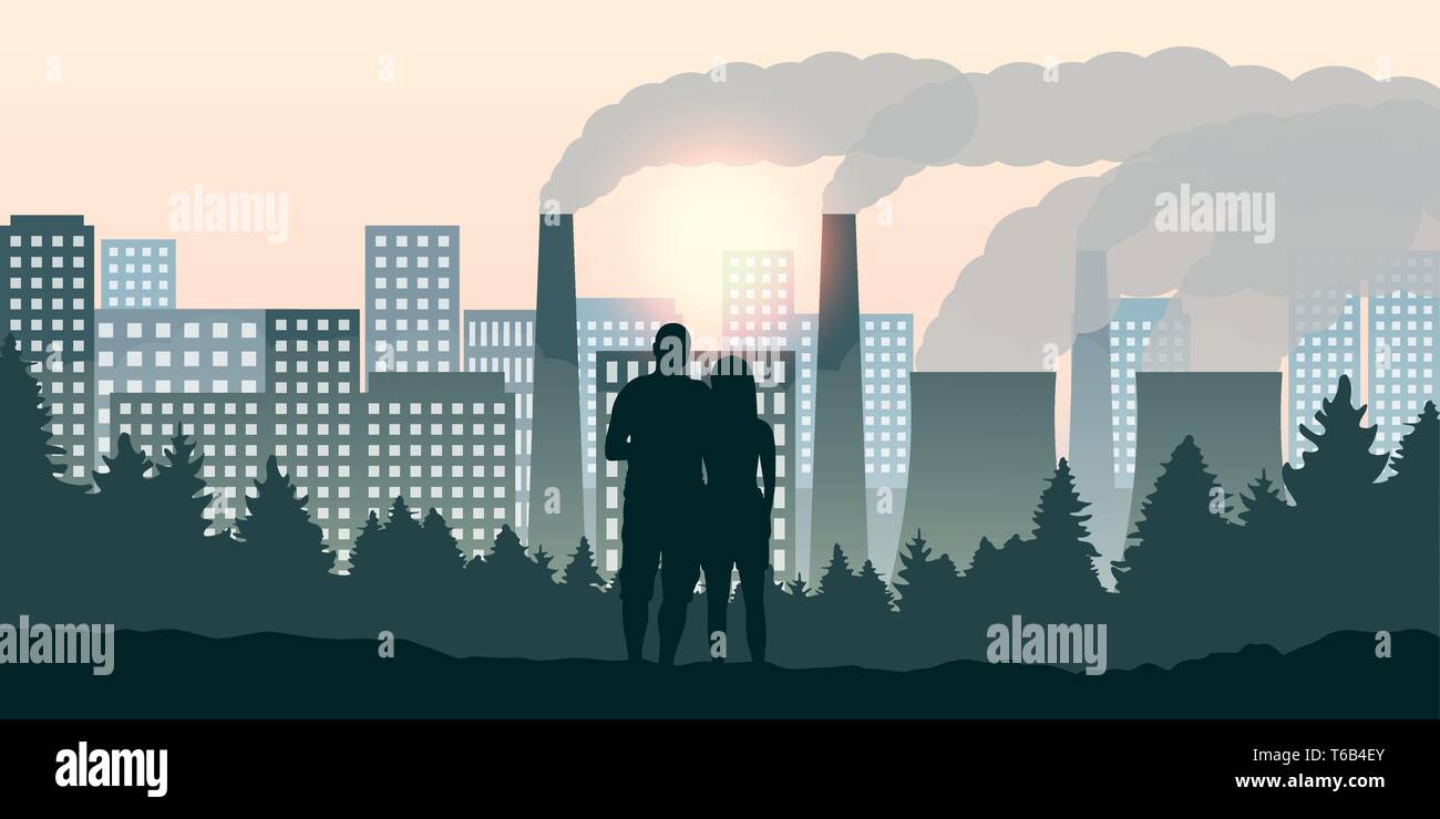 couple looks direction city and pollution by industry vector illustration EPS10 Stock Vector