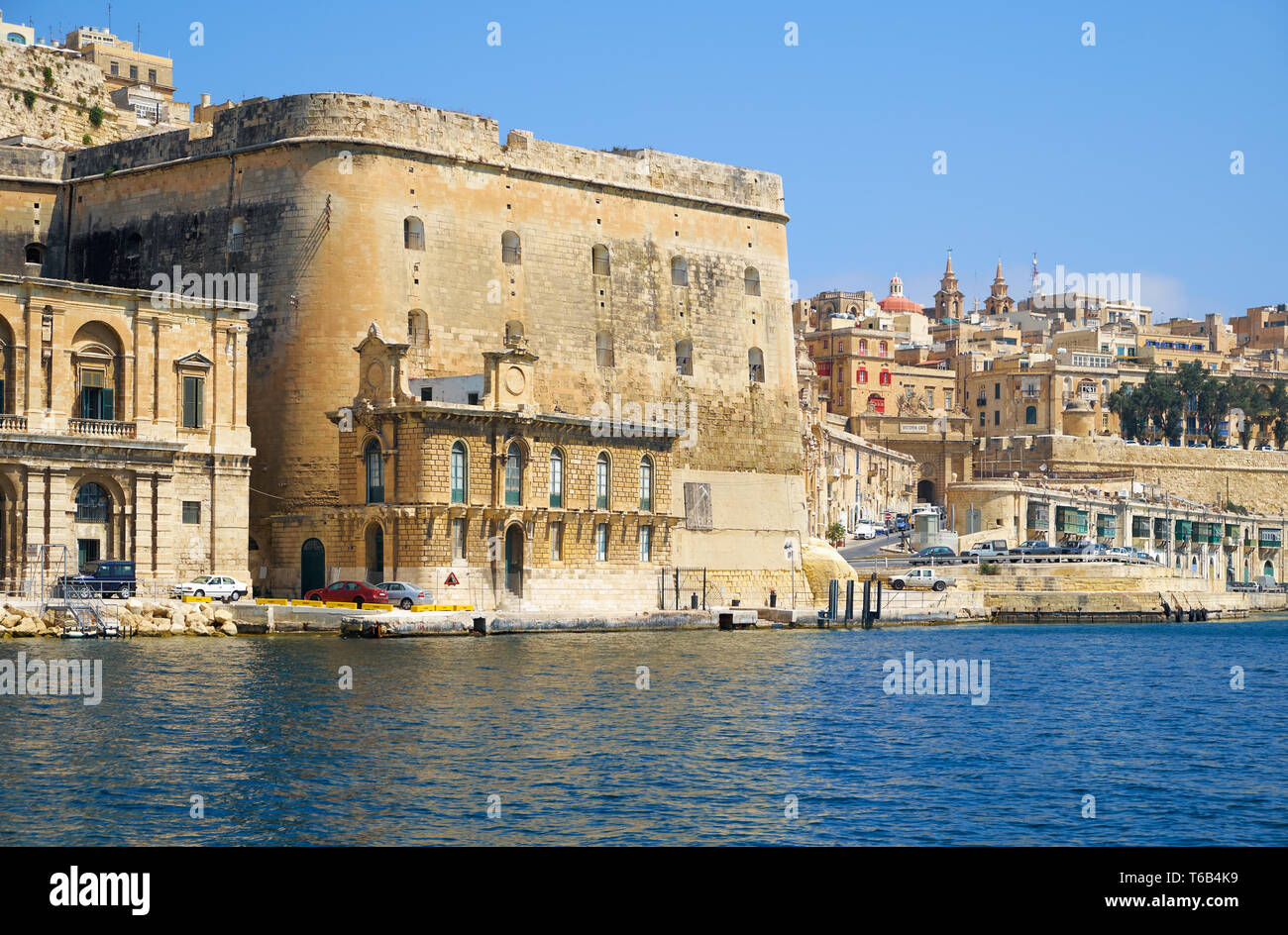 The view of Fort Lascaris from the water of Grand Harbour. Malta Stock Photo