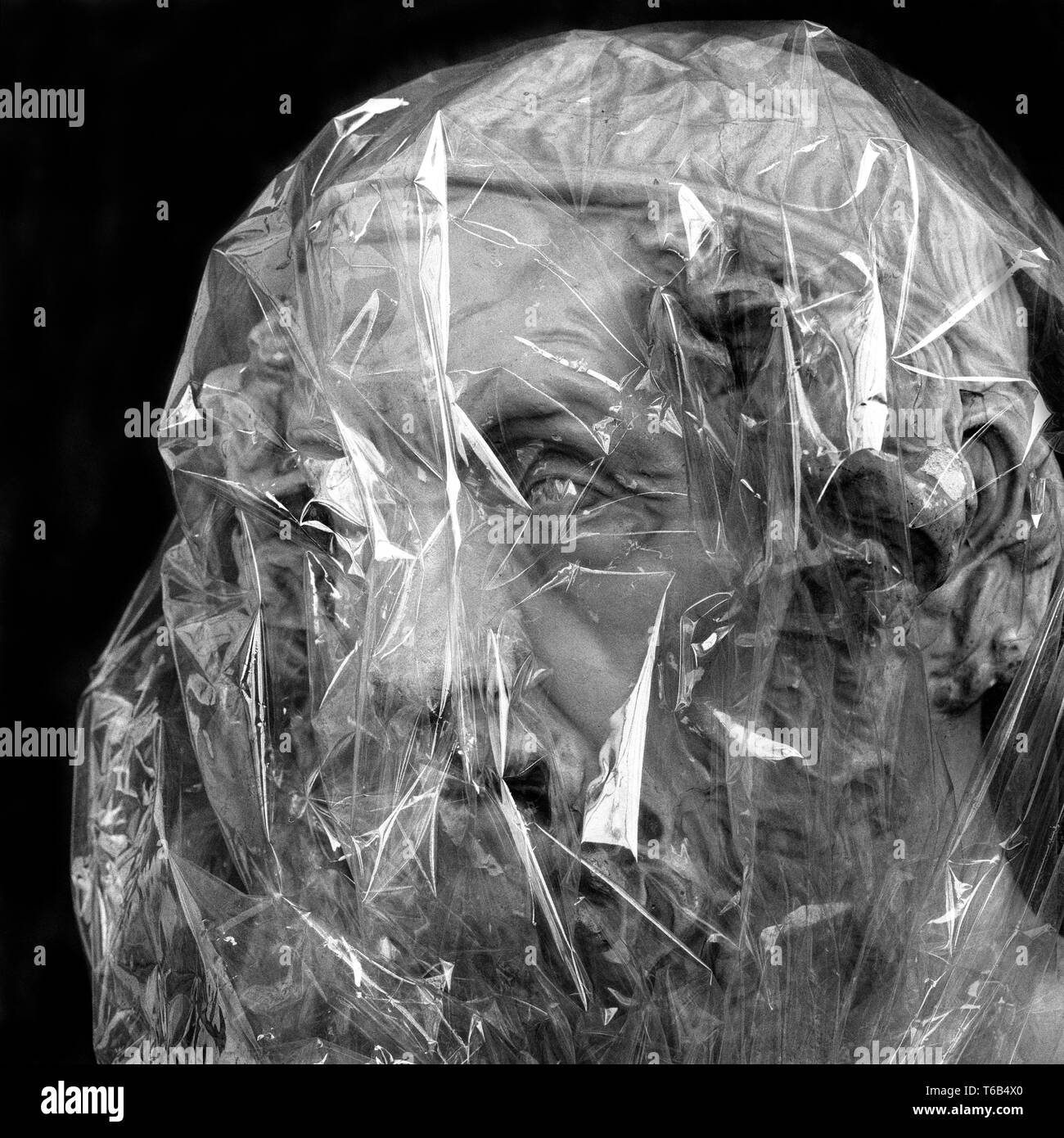Homer Philosophy Plaster Head, Wrapped in Plastic Wrap Stock Photo