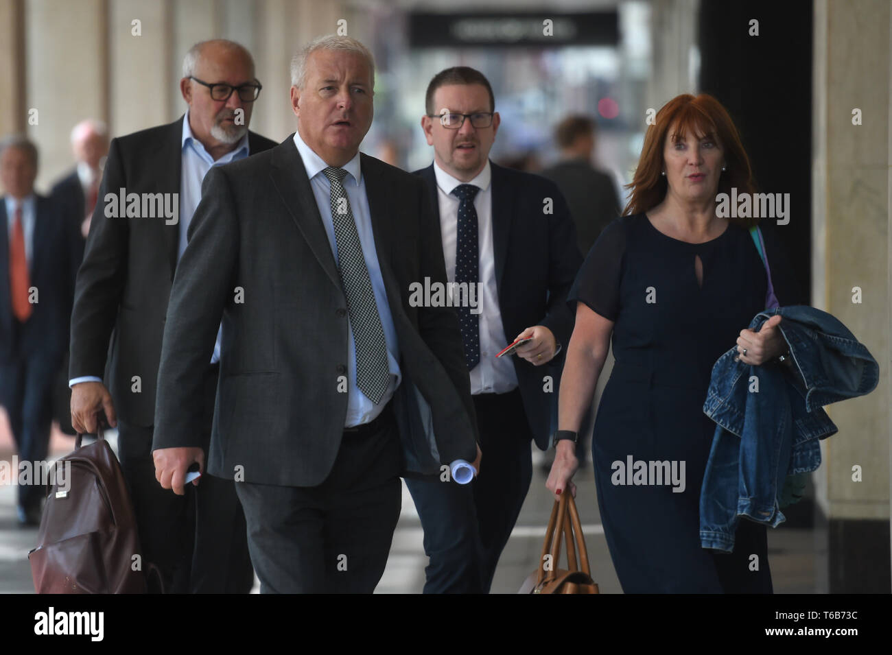 Labour NEC members arrive including Jon Trickett (left), Ian Lavery (centre left) and Andrew Gwynne (centre) for an NEC meeting in London as the Labour Party's governing body gathers to agree its draft European elections manifesto. Stock Photo