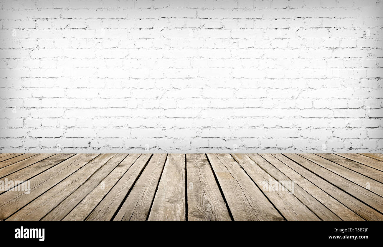 wood table over white brick wall background, template Stock Photo