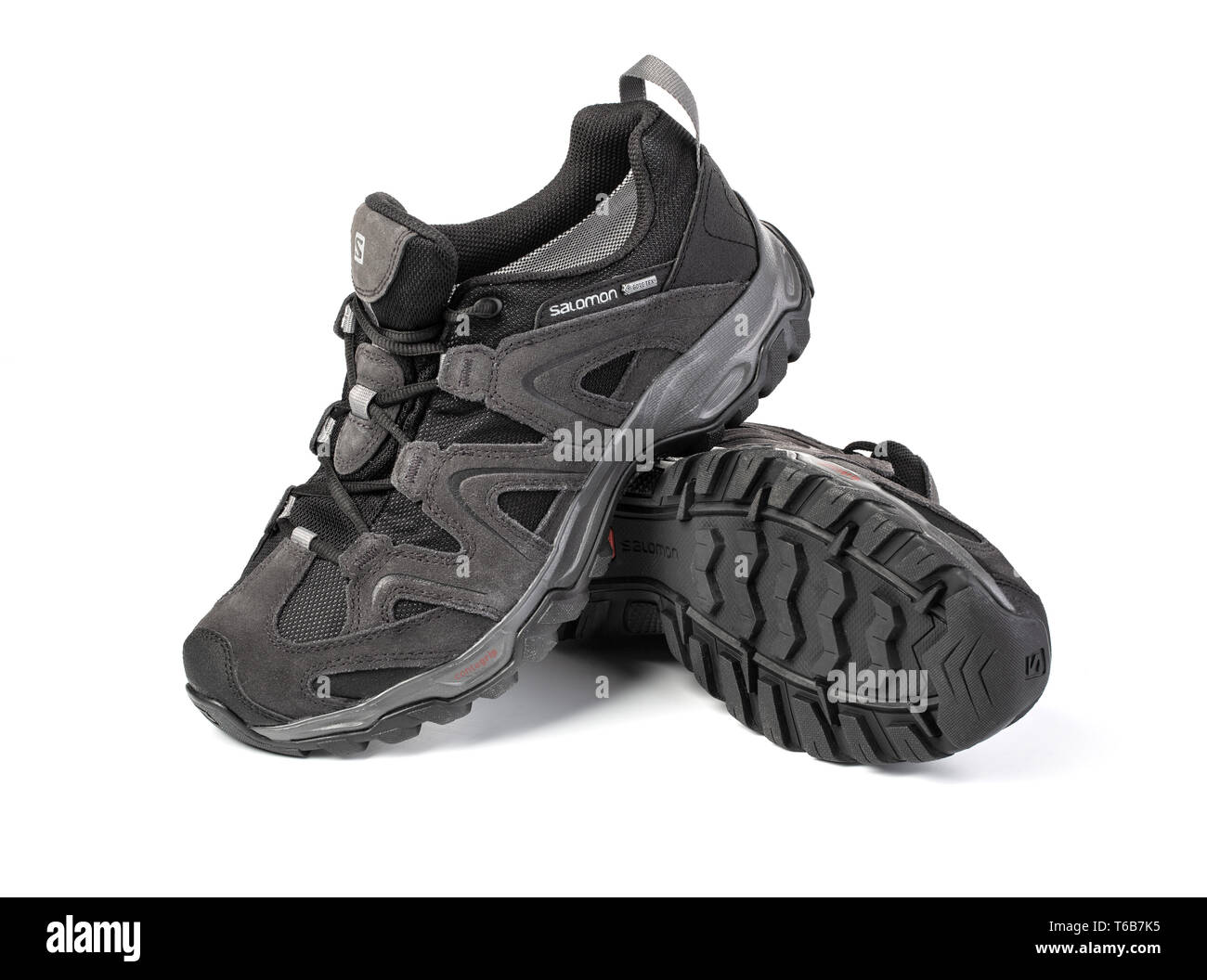 Chisinau, Moldova April 15 2019: Salomon trail running shoe on white  background.The Salomon Group is a famous sports equipment manufacturing  company Stock Photo - Alamy