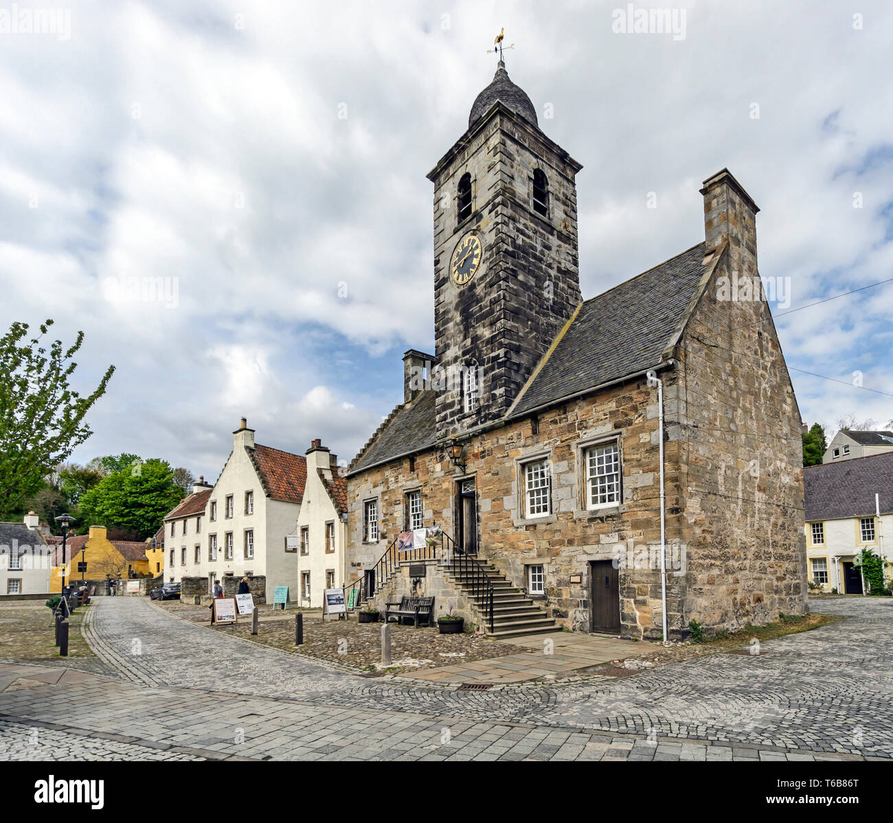 Culross Town House Sandhaven with clock tower in NTS town The Royal Burgh of Culross Fife Scotland UK Stock Photo