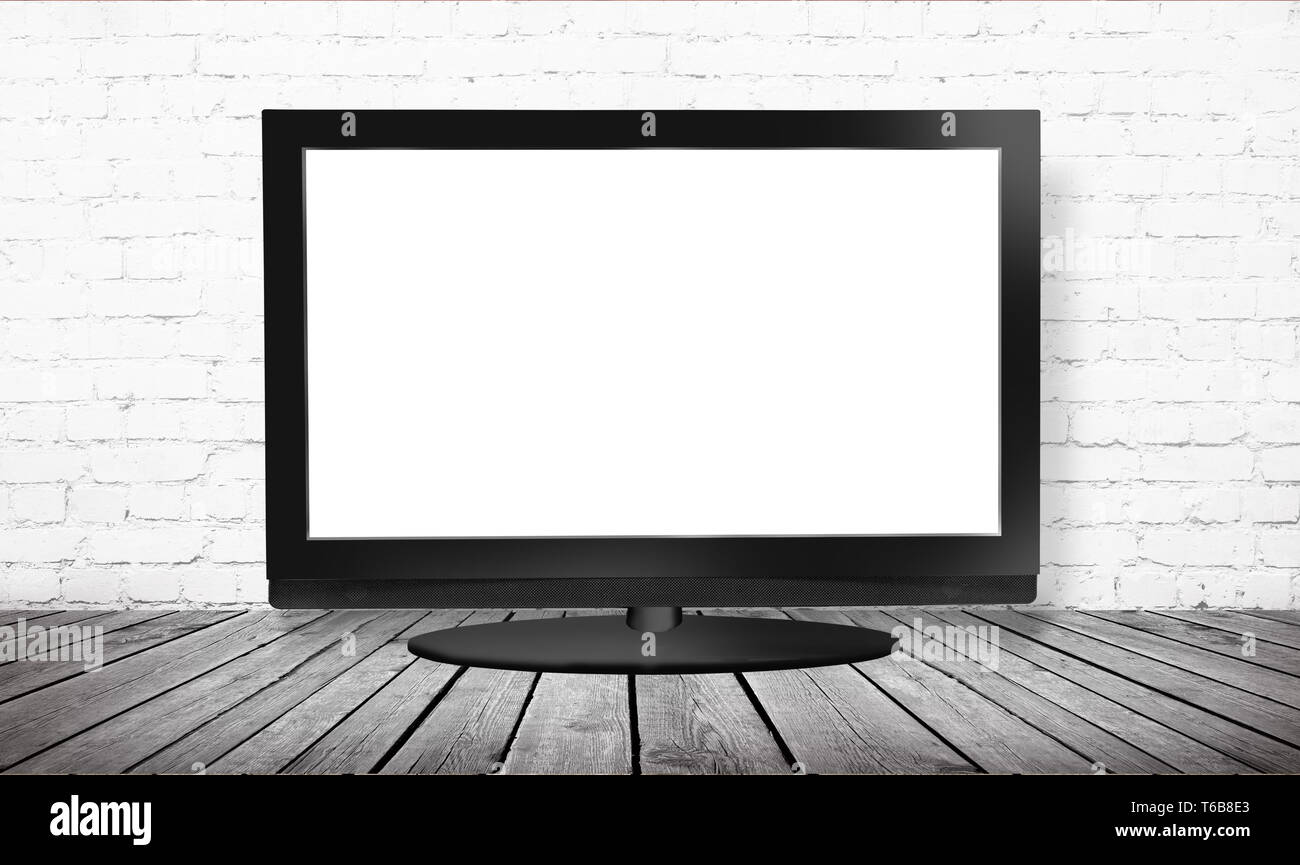 monitor on wooden table with clipping path Stock Photo