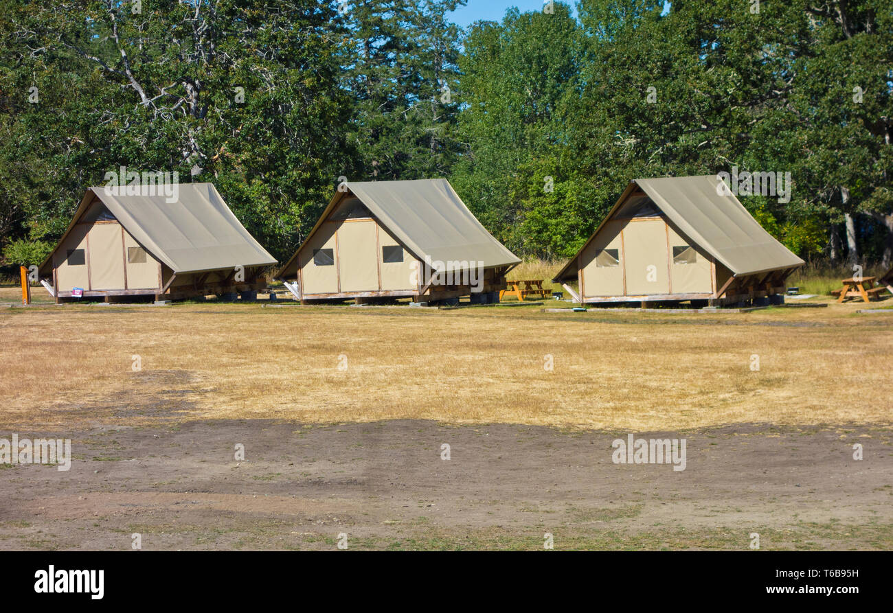 oTENTik camping tents at Fort Rodd Hill National Historic Site in Colwood, BC (near Victoria) Canada Stock Photo