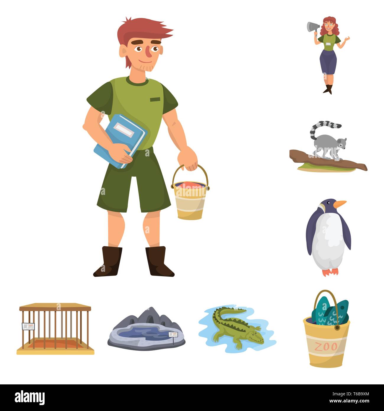 zookeeper,lemur,penguin,cell,lake,crocodile,bucket,man,woman,monkey,white,empty,pool,alligator,fish,worker,megaphone,Africa,cute,jail,water,full,keeper,tree,wild,metal,stone,fishing,zoo,park,safari,animal,forest,nature,fun,flora,fauna,entertainment,set,vector,icon,illustration,isolated,collection,design,element,graphic,sign,cartoon,color Vector Vectors , Stock Vector