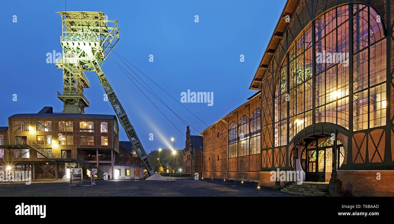 illuminated machine hall and coal pit Zollern in the twilight, Dortmund, Ruhr Area, Germany, Europe Stock Photo