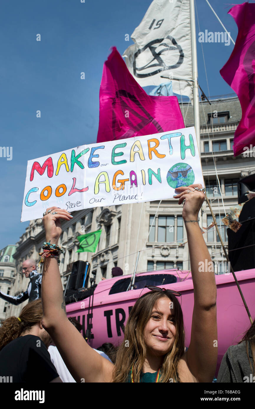 Extinction Rebellion protest, London . Oxford Circus. Bertha Carceres, the Pink Boat, named after the murdered Honduran environmental activist, with ' Stock Photo