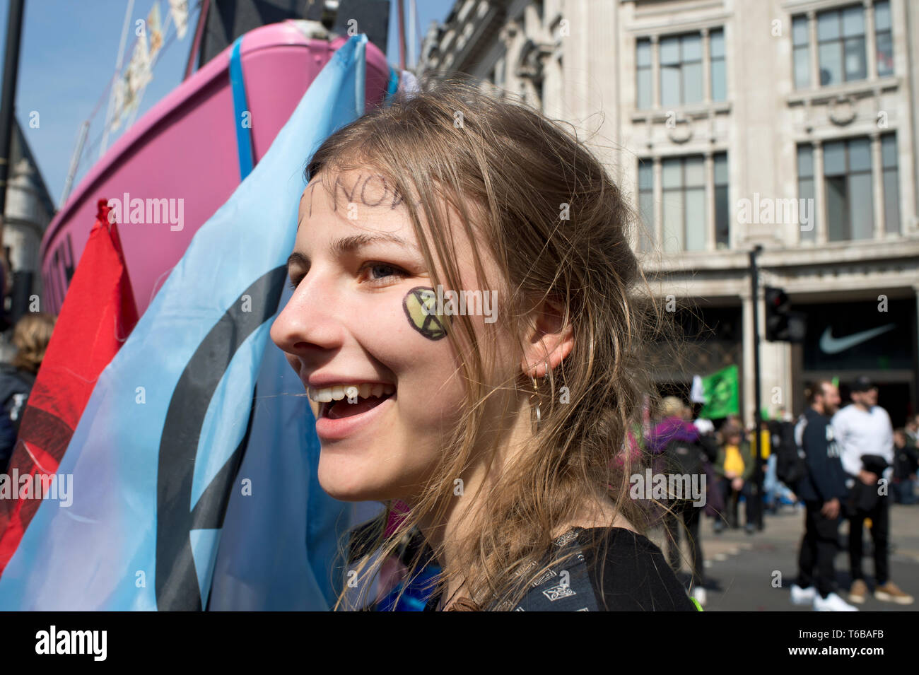 Extinction Rebellion protest, London . Oxford Circus. Bertha Carceres, the Pink Boat, named after the murdered Honduran environmental activist, with ' Stock Photo