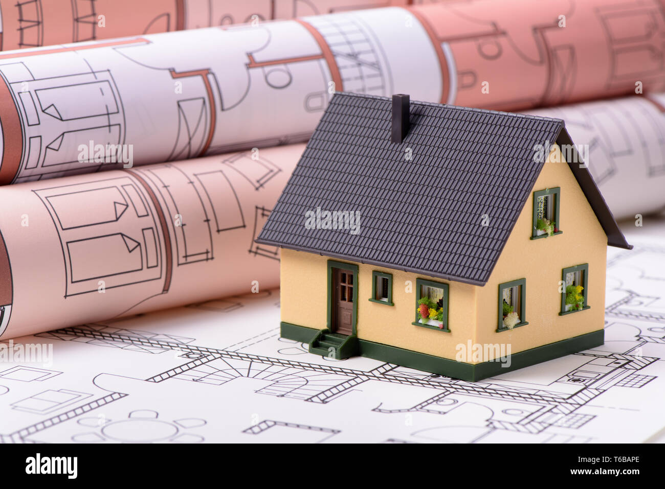 model house standing on architectural construction plans Stock Photo