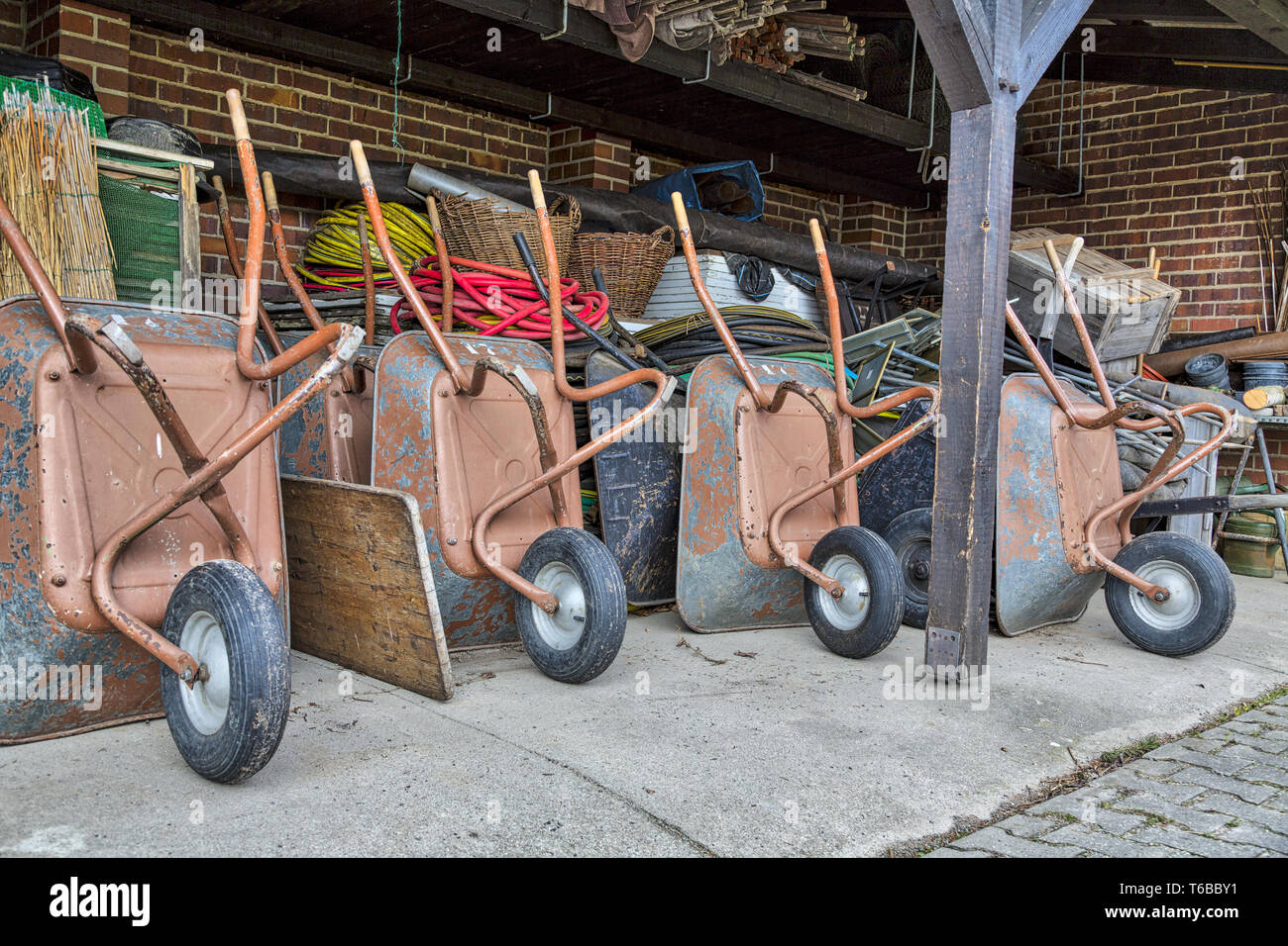 storage room with many gardening tools Stock Photo