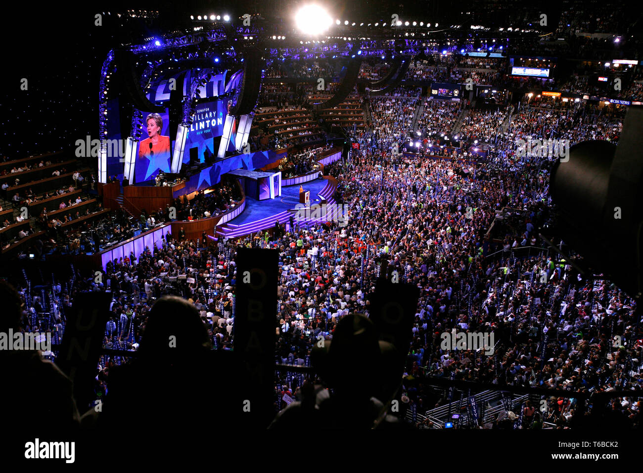 The DNC Convention in Denver will make Obama their candidate.    New York Senator and former Presidential contender Hillary Clinton (D) speaking at the Convention. Stock Photo