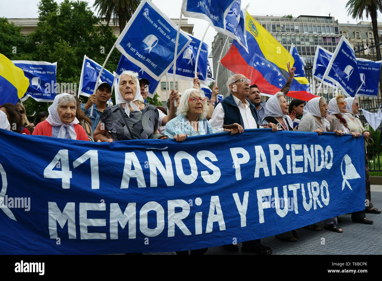 Mothers of Plaza de Mayo demonstrating at their dailöy demonstration asking for justice for their childrens disappearence during the military dictator Stock Photo