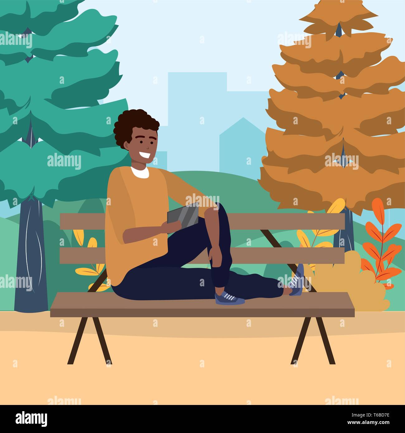 Millennial person stylish outfit sitting in park bench using smartphone texting afro vector illustration graphic design Stock Vector