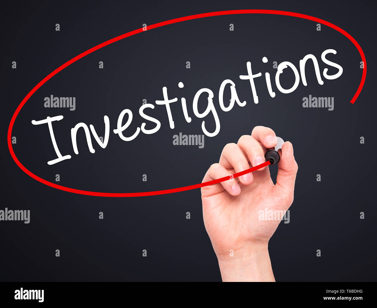 Man Hand writing Investigations with black marker on visual screen ...