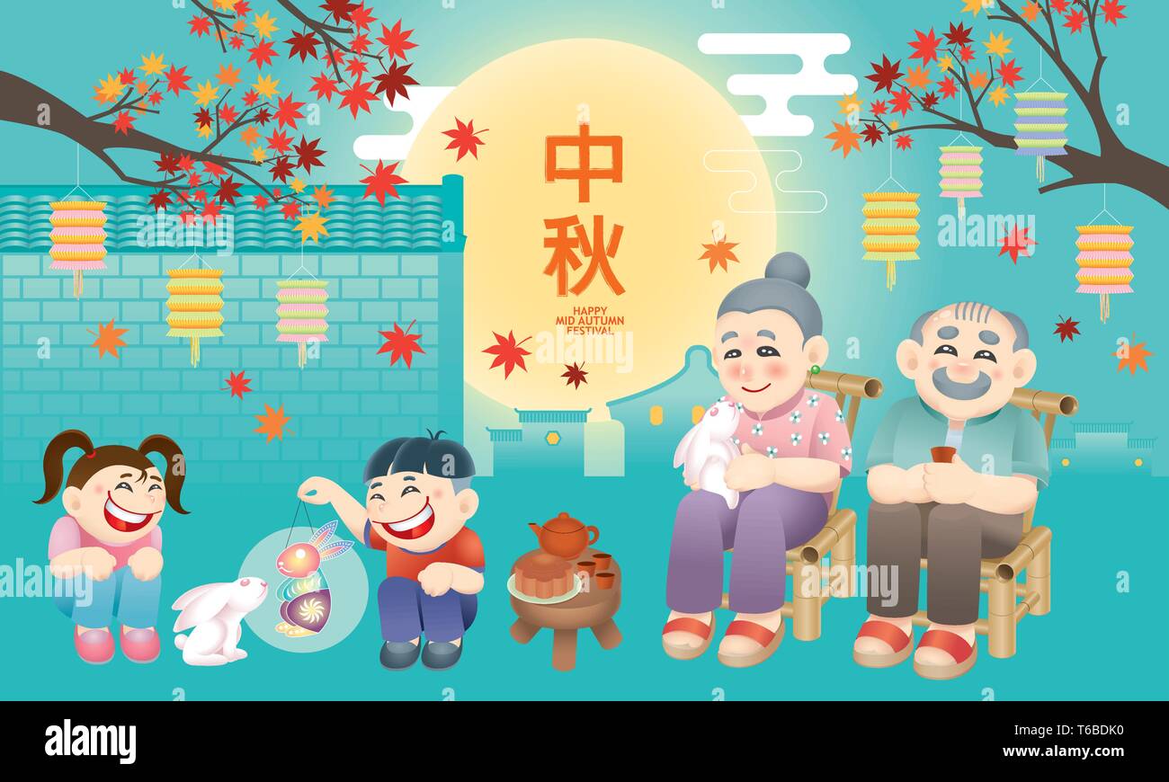 Oriental Senior Couple Celebrating Mid Autumn Festival With Their Grand Children Chinese Word Means Happy Mid Autumn Festival Stock Vector Image Art Alamy