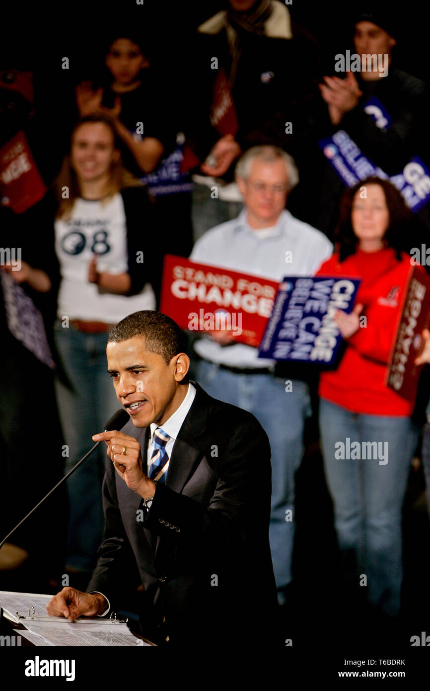 Presidential Hopeful Barack Obama (D) speaking at the Manchester Palace Theatre. Stock Photo