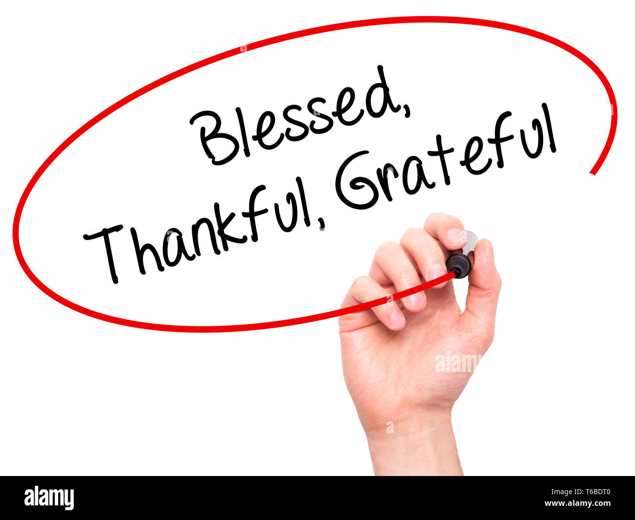 Man Hand writing  Blessed Thankful Grateful with black marker on visual screen Stock Photo