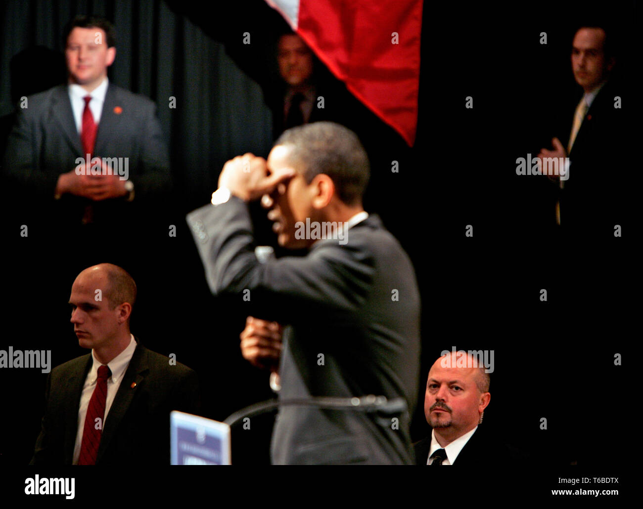 Presidential Hopeful Barack Obama (D) speaking at a townhall meeting in Parma Heights. Stock Photo