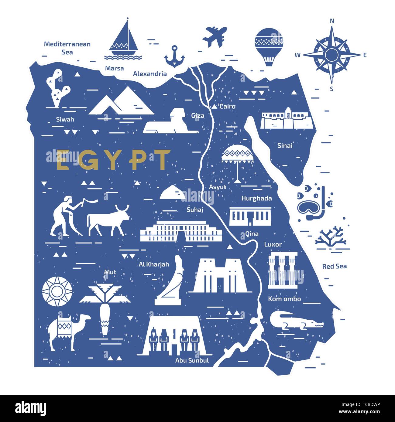 Outline and silhouette map of Egypt - vector illustration hand drawn