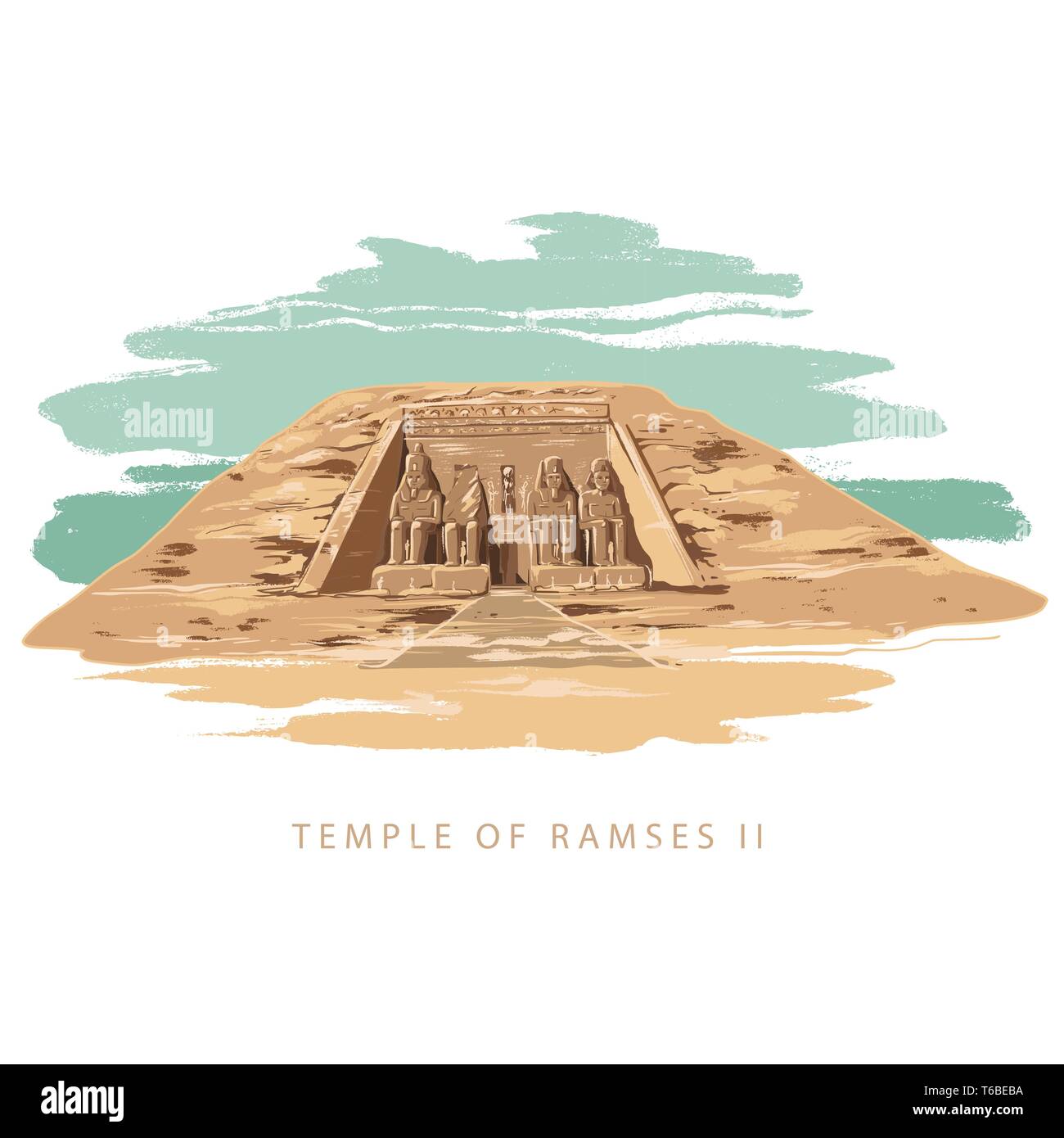 The Great Temple at Abu Simbel, Egypt. Colorful vector illustration the great temple of Ramses 2 hand drawn in white background. Stock Vector