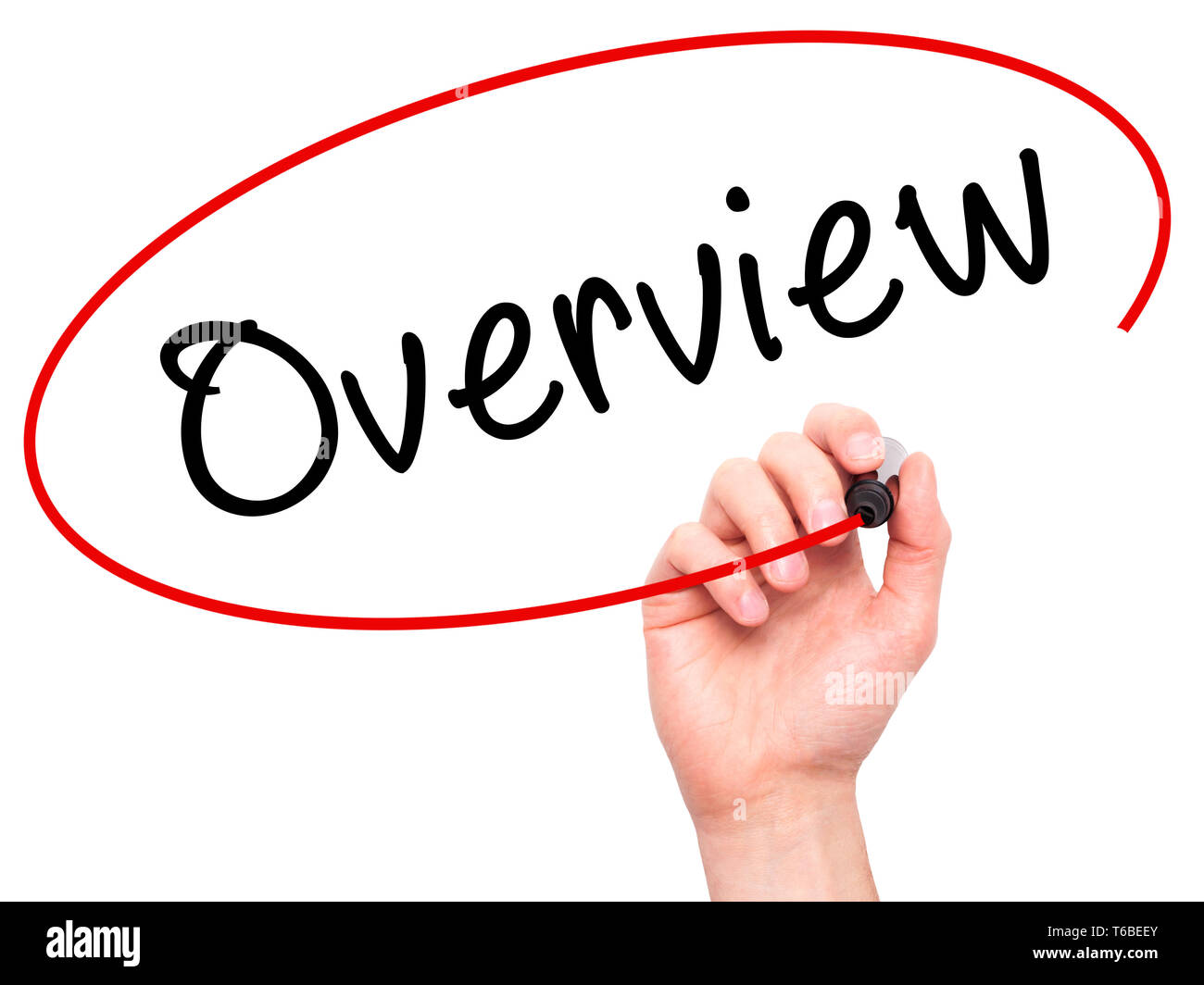 Man Hand writing Overview with black marker on visual screen Stock Photo