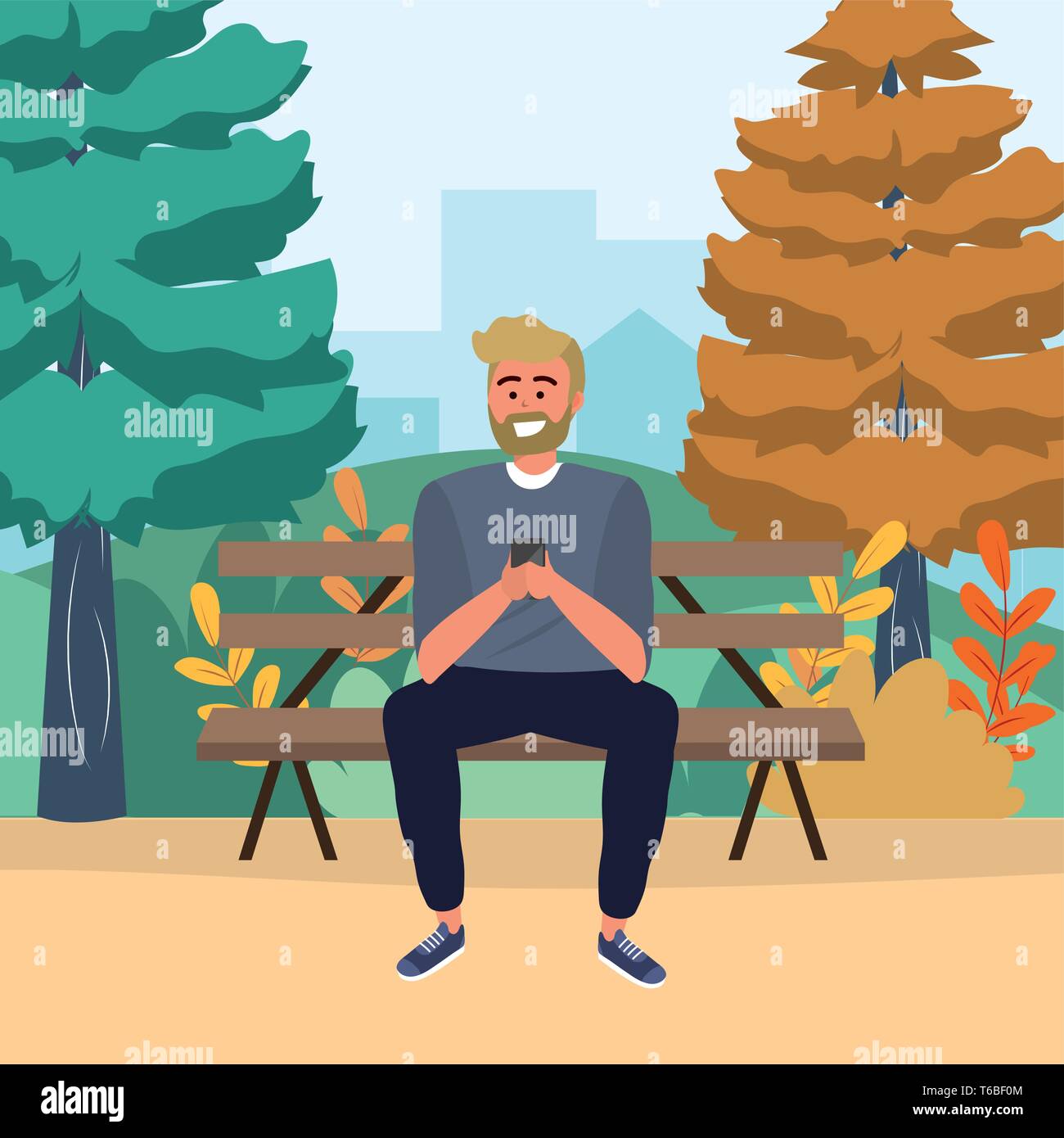 Millennial person stylish outfit sitting in park bench using smartphone texting bearded blond vector illustration graphic design Stock Vector