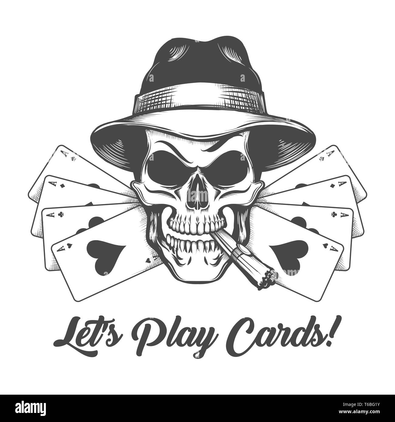 Human Skull in Gangster Hat with double set of Aces and Wording Lets play Cards. Vector illustration. Stock Vector