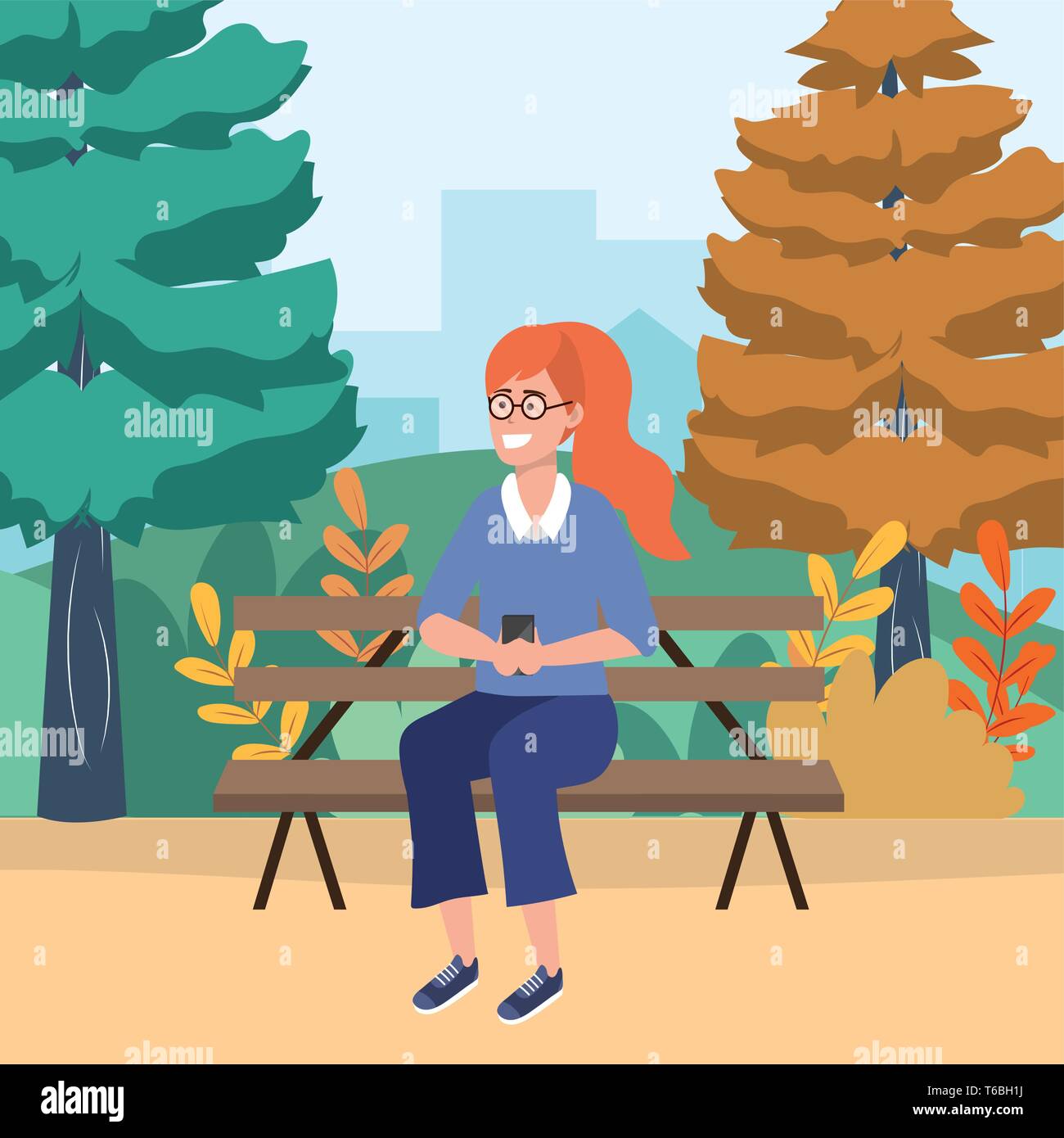 Millennial person stylish outfit sitting in park bench using smartphone texting glasses redhead vector illustration graphic design Stock Vector