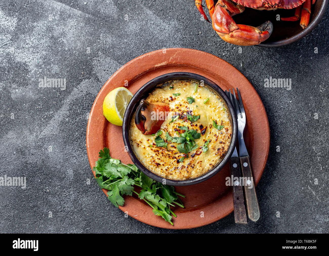 CHILEAN FOOD. Baked crabmeat crab meat with cheese, cream and bread